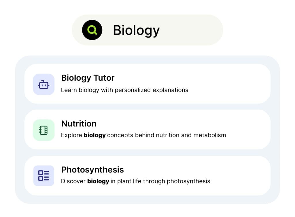Quick search for Biology showing Biology Tutor, Nutrition, and Photosynthesis results with highlighted matches