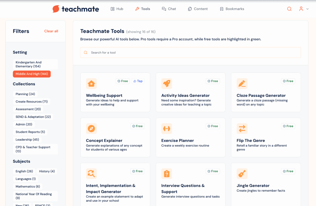 Screenshot of teachmate ai's homepage interface of different tools