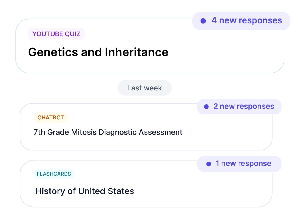 Student submissions list with new response badges for a YouTube quiz, chatbot, and flashcards activity Student submissions list with new response badges for a YouTube quiz, chatbot, and flashcards activity